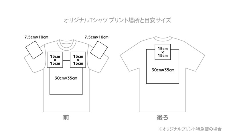 オリジナルTシャツプリント場所目安サイズ例
