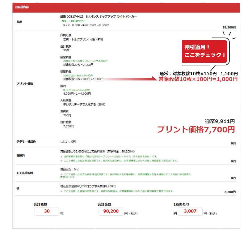 オリジナルパーカー価格明細