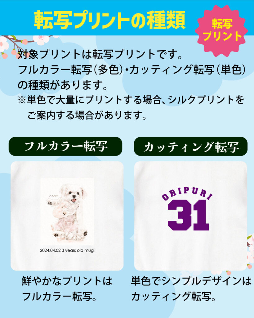 転写プリントの種類は、フルカラー転写(多色)・カッティング転写(単色)の種類があります。