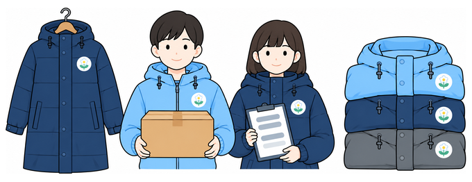 同じロゴのブルゾンとベンチコートを着た2人のスタッフが、荷物とボードを持って立つイラスト