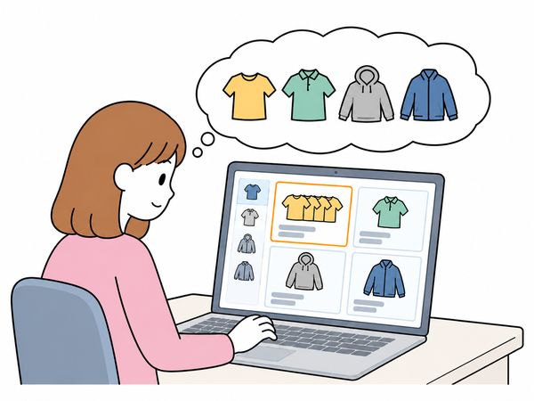 商品一覧からTシャツ・ポロシャツ・パーカー・ブルゾンを選び、同じアイテムをまとめて注文する